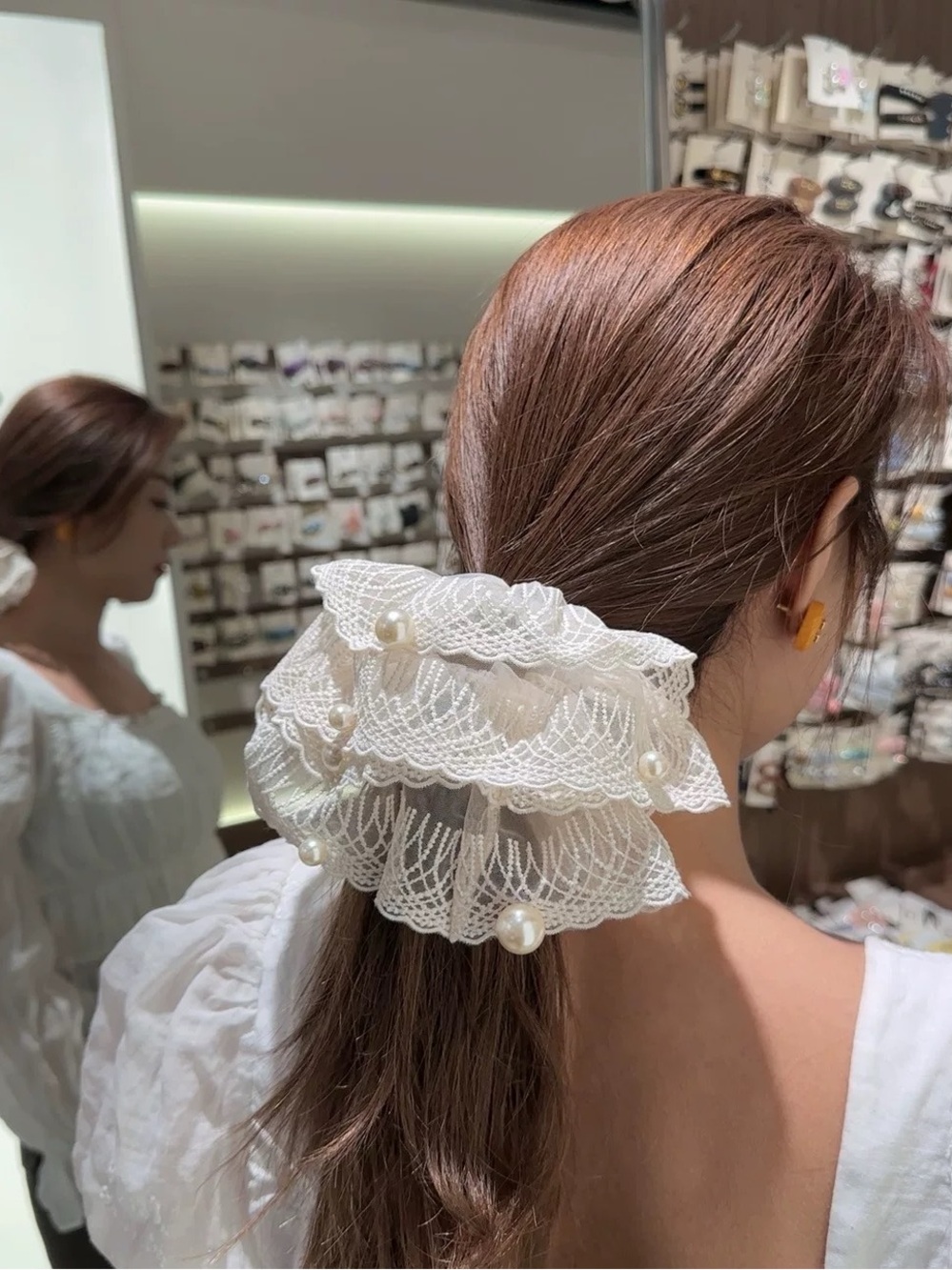 Delicate White Lace Pearl Hair Scrunchie New